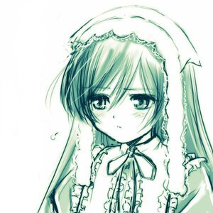 Rating: Safe Score: 0 Tags: 1girl bangs blush dress eyebrows_visible_through_hair frills green_theme image long_hair long_sleeves looking_at_viewer monochrome neck_ribbon ribbon simple_background solo suiseiseki upper_body white_background User: admin