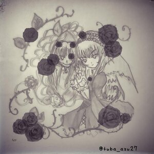 Rating: Safe Score: 0 Tags: 2girls dress dual_persona flower image kirakishou long_hair long_sleeves monochrome multiple_girls pair purple_rose rose short_hair smile suigintou traditional_media User: admin