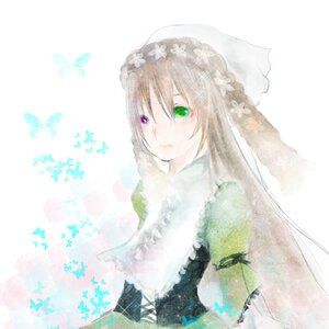Rating: Safe Score: 0 Tags: 1girl blue_butterfly blush brown_hair bug butterfly butterfly_hair_ornament butterfly_print butterfly_wings dress flower green_eyes heterochromia image insect long_hair solo squiggle suiseiseki veil User: admin