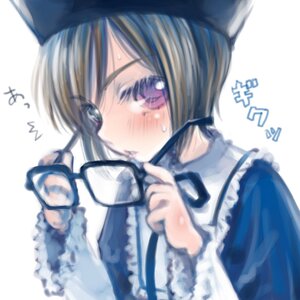 Rating: Safe Score: 0 Tags: 1girl apron blue_dress blurry blurry_background blurry_foreground blush depth_of_field dress frills hat holding image long_sleeves motion_blur short_hair simple_background solo souseiseki sweat upper_body white_background User: admin