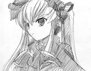 Rating: Safe Score: 0 Tags: 1girl blush bowtie flower greyscale hair_ornament hat image long_hair looking_at_viewer monochrome rose shinku simple_background sketch solo twintails upper_body white_background User: admin