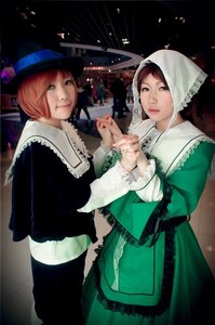 Rating: Safe Score: 0 Tags: 2girls brown_hair dress green_dress hat holding_hands interlocked_fingers long_sleeves looking_at_viewer multiple_cosplay multiple_girls siblings sisters standing suiseiseki tagme top_hat User: admin