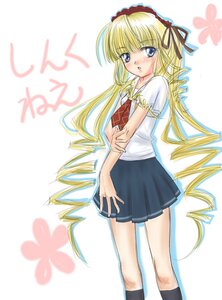 Rating: Safe Score: 0 Tags: 1girl :o black_legwear black_skirt blonde_hair blue_eyes blush bow bowtie drill_hair image kneehighs long_hair looking_at_viewer pleated_skirt puffy_short_sleeves ringlets school_uniform shinku short_sleeves skirt solo standing twin_drills very_long_hair white_background white_shirt User: admin