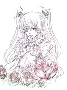 Rating: Safe Score: 0 Tags: 1girl dress eyepatch flower frills greyscale hair_ornament image kirakishou long_hair monochrome rose shinku solo thorns twintails User: admin