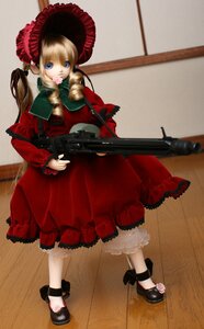 Rating: Safe Score: 0 Tags: 1girl blonde_hair blue_eyes bonnet doll dress frills gun long_hair long_sleeves photo red_dress rifle shinku sitting sniper_rifle solo twintails weapon User: admin