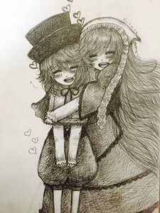 Rating: Safe Score: 0 Tags: 2girls blush capelet dress hat heart image long_hair monochrome multiple_girls open_mouth pair short_hair smile souseiseki suiseiseki traditional_media v_arms User: admin