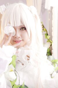 Rating: Safe Score: 0 Tags: 1girl animal_ears bangs blurry flower kirakishou lips looking_at_viewer one_eye_covered red_lips solo striped vertical_stripes white_flower white_hair white_rose yellow_eyes User: admin