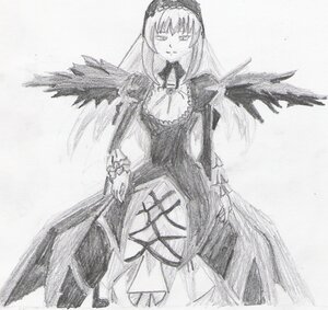 Rating: Safe Score: 0 Tags: 1girl black_wings dress feathered_wings frills greyscale hairband image long_hair long_sleeves monochrome simple_background solo standing suigintou traditional_media very_long_hair white_background wings User: admin