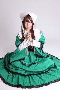 Rating: Safe Score: 0 Tags: 1girl braid brown_hair closed_eyes dress green_dress long_hair long_sleeves own_hands_together sitting solo suiseiseki twin_braids User: admin