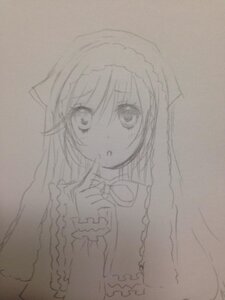 Rating: Safe Score: 0 Tags: 1girl :o eyebrows_visible_through_hair frills hair_between_eyes hairband image long_sleeves looking_at_viewer monochrome photo simple_background solo suiseiseki traditional_media upper_body User: admin