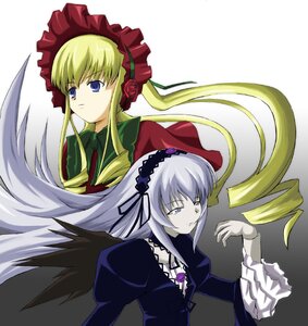 Rating: Safe Score: 0 Tags: 2girls black_wings blonde_hair blue_eyes dress drill_hair flower frills green_neckwear hairband image long_hair long_sleeves multiple_girls pair pale_skin rose shinku silver_hair simple_background suigintou twintails wings User: admin
