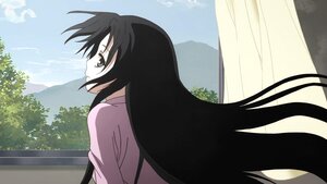 Rating: Safe Score: 0 Tags: 1girl black_hair cloud cloudy_sky curtains day from_side hime_cut human image kakizaki_megu lake long_hair long_sleeves looking_back mountain outdoors profile railing screenshot sky solo tree upper_body very_long_hair water User: admin