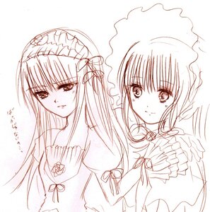 Rating: Safe Score: 0 Tags: 2girls dress flower image long_hair long_sleeves looking_at_viewer monochrome multiple_girls pair ribbon shinku simple_background smile suigintou upper_body User: admin