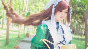 Rating: Safe Score: 0 Tags: 1girl bangs blurry brown_hair closed_eyes closed_mouth day dress long_hair outdoors ribbon smile solo suiseiseki upper_body User: admin
