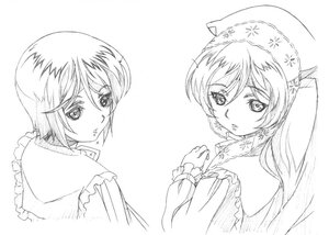 Rating: Safe Score: 0 Tags: 2girls frills greyscale hat image long_hair looking_at_viewer looking_back monochrome multiple_girls pair short_hair siblings sisters souseiseki suiseiseki User: admin