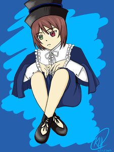 Rating: Safe Score: 0 Tags: black_footwear blue_background brown_hair frills full_body green_eyes hat heterochromia image long_sleeves red_eyes ribbon shirt short_hair shorts solo souseiseki top_hat User: admin