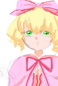 Rating: Safe Score: 0 Tags: 1girl blonde_hair bow dress drill_hair eyebrows_visible_through_hair green_eyes hina_ichigo hinaichigo image looking_at_viewer pink_bow pink_neckwear ribbon simple_background solo upper_body white_background User: admin