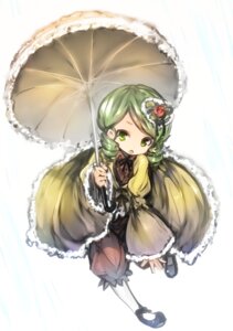 Rating: Safe Score: 0 Tags: 1girl :o black_footwear black_umbrella dress drill_hair flower frills full_body green_eyes green_hair hair_ornament holding holding_umbrella image kanaria lolita_fashion long_sleeves parasol rain red_umbrella shoes solo standing umbrella white_background User: admin