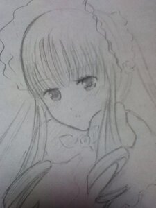 Rating: Safe Score: 0 Tags: 1girl bangs closed_mouth greyscale image long_hair looking_at_viewer monochrome shinku simple_background sketch solo traditional_media User: admin