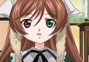Rating: Safe Score: 0 Tags: 1girl :o braid brown_hair close-up green_eyes head_scarf image long_hair looking_at_viewer red_eyes ribbon solo suiseiseki twin_braids User: admin