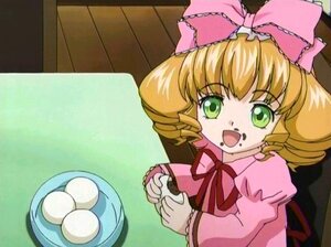 Rating: Safe Score: 0 Tags: 1girl :d blonde_hair blush_stickers bow cup dress eating food food_on_face green_eyes hina_ichigo hinaichigo image long_sleeves looking_at_viewer open_mouth pink_bow short_hair sitting smile solo table tea User: admin