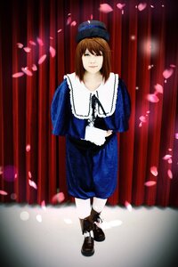 Rating: Safe Score: 0 Tags: 1girl black_footwear blue_dress brown_hair cherry_blossoms dress full_body green_eyes hat long_sleeves petals sitting solo souseiseki white_legwear User: admin