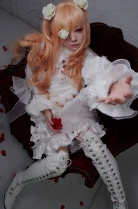 Rating: Safe Score: 0 Tags: 1girl blonde_hair boots chair cross-laced_footwear dress eyepatch flower frills hair_flower hair_ornament kirakishou long_hair petals realistic rose sitting solo thighhighs white_dress white_footwear User: admin