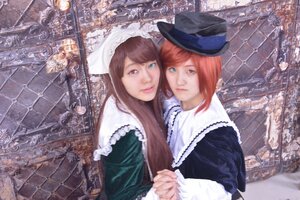 Rating: Safe Score: 0 Tags: 2girls blue_eyes brick_wall brown_hair dress fence hat heterochromia holding_hands interlocked_fingers long_hair looking_at_viewer multiple_cosplay multiple_girls red_eyes smile stained_glass suiseiseki tagme tiles top_hat User: admin
