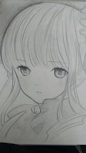 Rating: Safe Score: 0 Tags: 1girl auto_tagged bangs closed_mouth eyebrows_visible_through_hair greyscale image long_hair looking_at_viewer maid_headdress monochrome shinku simple_background solo traditional_media User: admin