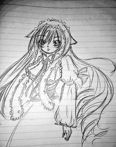 Rating: Safe Score: 0 Tags: 1girl blush dress frills greyscale image long_hair long_sleeves looking_at_viewer monochrome solo suiseiseki very_long_hair User: admin