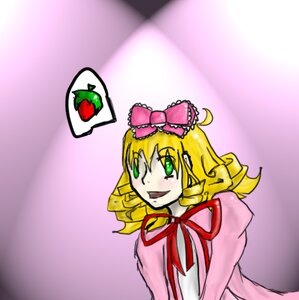 Rating: Safe Score: 0 Tags: 1girl blonde_hair bow dress food fruit gradient gradient_background green_eyes hina_ichigo hinaichigo image long_sleeves pink_bow ribbon solo strawberry User: admin