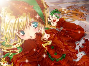 Rating: Safe Score: 0 Tags: 1girl auto_tagged blonde_hair blue_eyes dress flower image long_hair long_sleeves lying on_back petals red_dress rose shinku solo User: admin