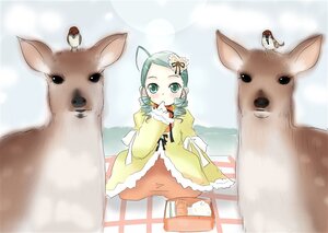 Rating: Safe Score: 0 Tags: 1girl animal blush dog dress drill_hair green_eyes green_hair hair_ornament image kanaria long_sleeves solo User: admin