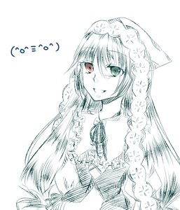 Rating: Safe Score: 0 Tags: 1girl heterochromia image long_hair looking_at_viewer monochrome simple_background smile solo spot_color suiseiseki upper_body white_background User: admin