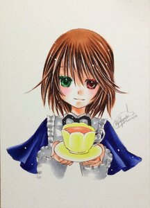 Rating: Safe Score: 0 Tags: 1girl blue_dress bow brown_hair closed_mouth cup food green_eyes heterochromia holding image looking_at_viewer red_eyes short_hair signature simple_background smile solo souseiseki traditional_media upper_body yumeki_kokoro User: admin