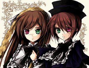 Rating: Safe Score: 0 Tags: 2girls brown_hair frills green_eyes hat heterochromia image long_hair long_sleeves looking_at_viewer multiple_girls pair red_eyes short_hair siblings sisters souseiseki suiseiseki top_hat twins white_background User: admin