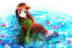 Rating: Safe Score: 0 Tags: 1girl brown_hair flower green_eyes hair_flower hair_ornament heterochromia image japanese_clothes kimono long_hair red_eyes red_flower red_rose rose solo suiseiseki very_long_hair water User: admin