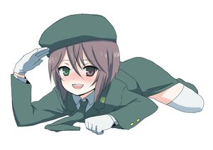 Rating: Safe Score: 0 Tags: 1girl beret blush brown_hair gloves green_eyes hat heterochromia image long_sleeves lying military military_uniform necktie open_mouth smile solo souseiseki striped thighhighs uniform white_gloves white_legwear User: admin