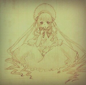 Rating: Safe Score: 0 Tags: 1girl bangs capelet dress frills green_theme hat image long_hair long_sleeves looking_at_viewer monochrome open_mouth shinku solo traditional_media User: admin