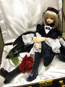 Rating: Safe Score: 0 Tags: 1girl black_legwear blonde_hair doll dress flower frills gothic_lolita lolita_fashion long_hair rose sitting solo suigintou thighhighs User: admin