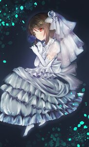 Rating: Safe Score: 0 Tags: 1girl blue_flower blue_rose bridal_veil bride brown_hair dress elbow_gloves flower gloves heterochromia image red_eyes rose short_hair solo souseiseki veil wedding_dress User: admin