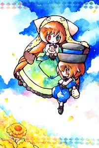 Rating: Safe Score: 0 Tags: 2girls brown_hair cloud dress flower green_eyes heterochromia image long_hair long_sleeves multiple_girls pair red_eyes short_hair siblings sisters souseiseki suiseiseki twins User: admin