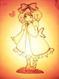 Rating: Safe Score: 0 Tags: 1girl bow dress full_body hair_bow heart hinaichigo image kagiyama_hina long_sleeves monochrome solo standing traditional_media User: admin