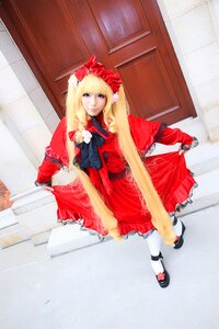 Rating: Safe Score: 0 Tags: 1girl black_footwear blonde_hair blue_eyes bow dress long_hair long_sleeves looking_at_viewer mary_janes red_dress shinku shoes solo standing tile_floor tiles white_legwear User: admin