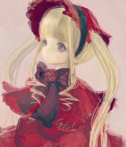 Rating: Safe Score: 0 Tags: 1girl blonde_hair blue_eyes bow bowtie capelet dress image long_hair long_sleeves looking_at_viewer red_dress shinku sidelocks simple_background solo twintails upper_body User: admin