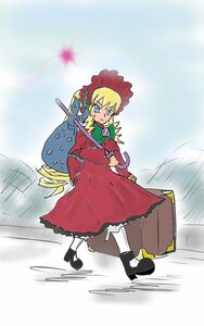 Rating: Safe Score: 0 Tags: 1girl black_footwear blonde_hair blue_eyes bonnet dress drill_hair flower frills full_body holding image long_hair long_sleeves red_dress ringlets shinku shoes solo standing umbrella User: admin