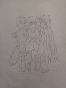 Rating: Safe Score: 0 Tags: 3girls boots dress full_body greyscale hair_ornament hairband image long_hair long_sleeves looking_at_viewer monochrome multiple multiple_girls standing tagme traditional_media very_long_hair User: admin