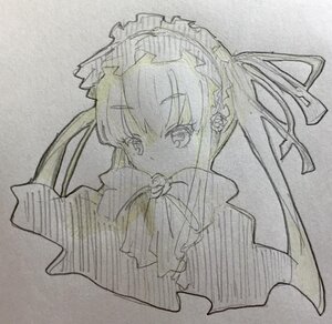 Rating: Safe Score: 0 Tags: 1girl bangs eyebrows_visible_through_hair flower frilled_hairband hair_ribbon image long_hair looking_at_viewer monochrome photo ribbon shinku simple_background solo traditional_media twintails upper_body virtual_youtuber User: admin