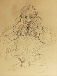 Rating: Safe Score: 0 Tags: 1girl dress eyebrows_visible_through_hair frills image long_hair long_sleeves looking_at_viewer monochrome shinku simple_background sketch solo traditional_media very_long_hair User: admin