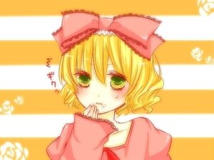 Rating: Safe Score: 0 Tags: 1girl blonde_hair blush bow green_eyes hina_ichigo hinaichigo image long_sleeves looking_at_viewer pink_bow pink_shirt short_hair sleeves_past_wrists solo striped_background upper_body User: admin
